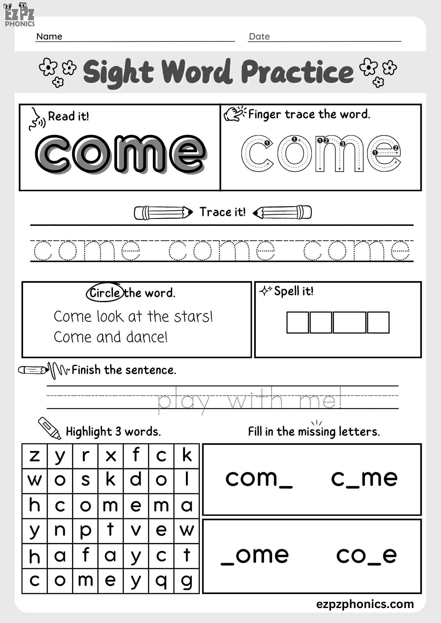 The Word "Come" Dolch Sight Word Worksheet Activity for Pre-Kindergarten and Kindergarten Students PDF Download